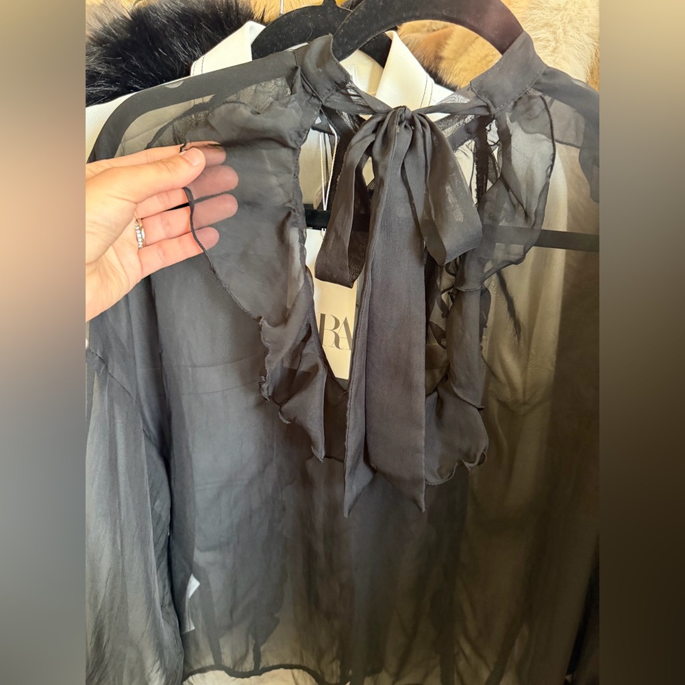 Zara NWT black ruffle long sleeve sheer mesh blouse - Picture 3 of 8